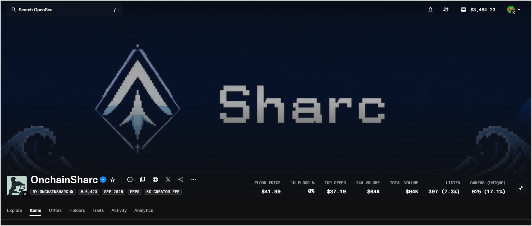 The image shows the OpenSea NFT collection page for "OnchainSharc," displaying a floor price of $41.99 and a 24-hour volume of $64K, with stats indicating the collection has grown nearly 10x from the $4.5 call-out price mentioned in the post. The dark-themed page features the Sharc pixel-art logo and shark imagery, highlighting trading metrics like 397 listed items and 925 unique owners.