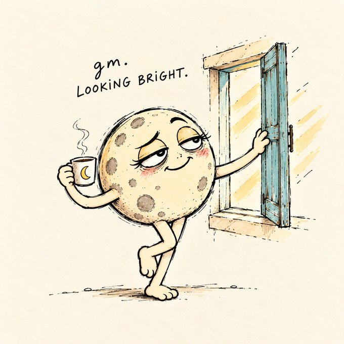 A whimsical illustration of a chocolate chip cookie character holding a steaming mug while opening a door to let in sunlight, captioned with 'gm. LOOKING BRIGHT.'