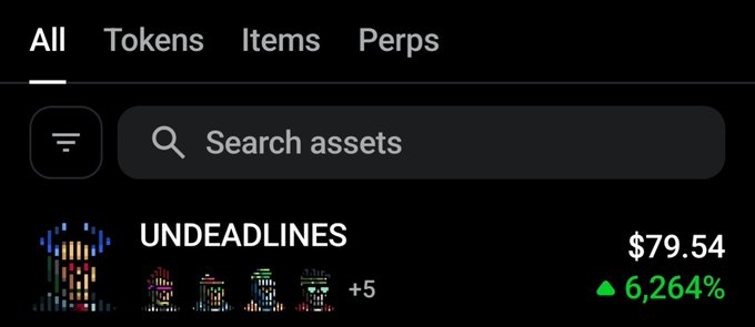 The image shows a crypto/NFT marketplace interface with tabs for "All," "Tokens," "Items," and "Perps," displaying a collection called "UNDEADLINES" priced at $79.54 with a notable green gain of +6,264%. This relates to the post's theme of celebration and success, visually emphasizing a strong upward price surge that aligns with the "Blessed Sunday" sentiment.