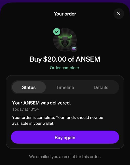 A confirmation screenshot from MoonPay showing a completed $20 purchase of $ANSEM, with the order status reading "Your ANSEM was delivered" at 18:34. The image supports the post's claim that $ANSEM is available for purchase through MoonPay.