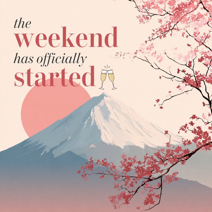 The image features a poster for a weekend that has officially started, as indicated by the text "the weekend has officially started". The poster also includes two champagne glasses with a cork popping out of them, symbolizing a toast or celebration. The background of the poster is a pinkish-orange color and depicts a mountain range with trees on top. The caption at the bottom reads: "gm my weekend officially starts today. just as i do on weekends, i pay more attention to my wellness and general wellbeing".