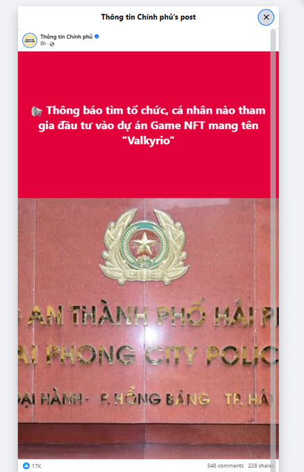 A Facebook post from "Thông tin Chính phủ" with 17K reactions warns Vietnamese citizens about an organization or individual seeking investment in a Game NFT project called "Valkyrio," displayed over a photo of the Hai Phong City Police headquarters. The image illustrates the accompanying post's point about Vietnamese authorities, including city police, now scrutinizing older Web3 projects like the Play-to-Earn NFT game Valkyrio.