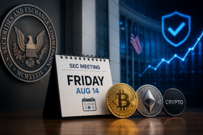 A calendar marked "SEC MEETING FRIDAY AUG 14" sits beside a Bitcoin coin, Ethereum coin, and "CRYPTO" token, with the SEC seal and a rising chart in the background—visually reinforcing the post's announcement of the SEC's upcoming crypto framework review.