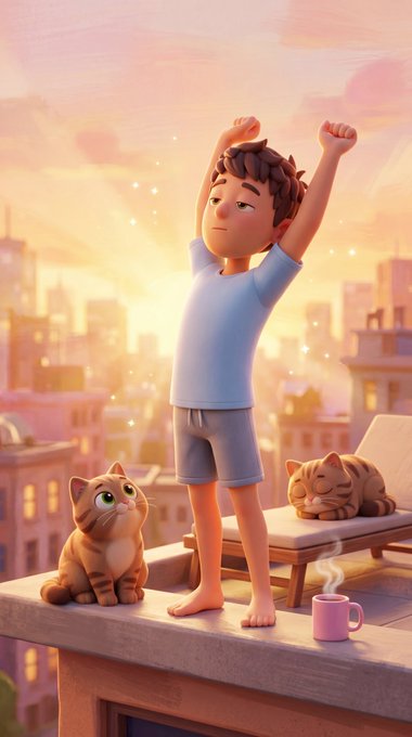 A 3D animated-style illustration of a young man stretching on a rooftop at sunrise/sunset with two cats, a city skyline in the background, and a steaming pink mug of coffee.