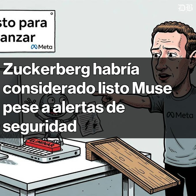 Spanish-language cartoon illustration showing Mark Zuckerberg pointing at a smartphone with a "ELIMINAR" button, with text "Zuckerberg habría considerado listo Muse pese a alertas de seguridad" and Meta logo.