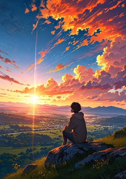 An anime-style illustration of a person in a hoodie sitting on a rocky outcrop, watching a vibrant sunset over a vast valley and distant mountains.