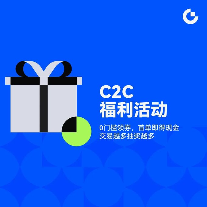 A promotional graphic featuring a gift box icon on a blue background, advertising Gate.io's "C2C 福利活动" (C2C Welfare Event) with the offer "0门槛领券，首单即得现金，交易越多抽奖越多" (Zero-threshold coupons, cash back on first order, more trades equal more lottery chances). The image supports the post by visually highlighting the C2C deposit promotion with its gift-themed design emphasizing rewards for new users.