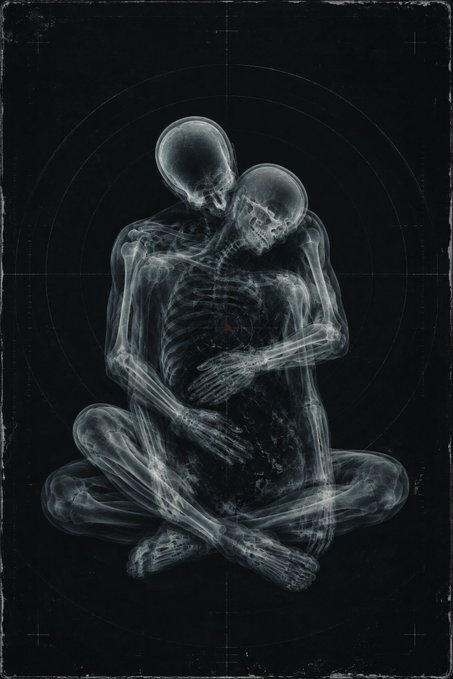 An ethereal X-ray-style artwork depicts two skeletal figures embracing intimately in a seated position, rendered in luminous white tones against a dark, distressed background with subtle targeting reticles. The haunting, gothic aesthetic aligns with the title "What the Dark Consented To," evoking themes of love, mortality, and intimacy shared between ephemeral beings.