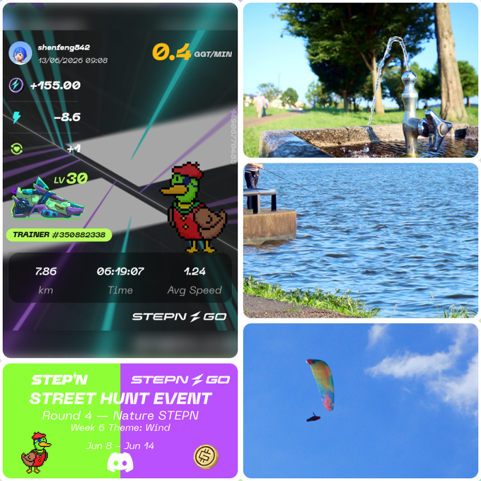 The image features a collage of four photos, each depicting different outdoor activities or scenes related to nature and adventure. The first photo shows a duck standing near water with trees in the background. The second photo depicts a person flying a kite on a windy day. The third photo captures a bird flying over a body of water. The fourth photo features a person riding a surfboard, enjoying the waves.

The post includes text that provides information about the collage and encourages viewers to participate in an outdoor adventure or activity. It also mentions the use of Discord for communication among participants during the event.
