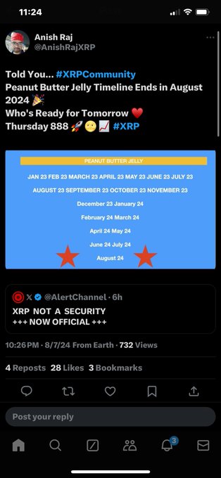 A screenshot of an X post by Anish Raj (@AnishRajXRP) titled 'Peanut Butter Jelly Timeline' listing dates up to August 24, with red stars marking the start and end dates.