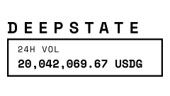 A minimalist logo-style graphic featuring the text 'DEEPSTATE' above a boxed display reading '24H VOL 20,042,069.67 USDG'.