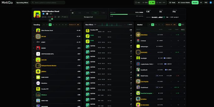 A dark-themed MintGo dashboard displays cryptocurrency market data, with sections for Trending coins like PEPE, WIF, and BABYDOGE, New Mints, and Market listings with various token icons and price information.