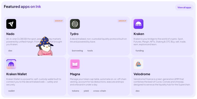 A screenshot of the Ink blockchain ecosystem webpage displaying six featured apps in a grid layout: Nado (AIRDROP - AI-in-one CLOB DEX with unified margin), Tydro (AIRDROP - decentralized liquidity protocol on Ink powered by Aave), Kraken (funding), Kraken Wallet (self-custody wallet), Magna (manage token cap table, vesting, accounting, airdrops), and Velodrome (next-generation AMM for the Superchain). Each app has associated category tags like "dex," "borrowing," "funding," "wallet," "tokens," "yield," and "cross-chain," with a small wizard mascot overlay and a "View all apps" link in the top right.