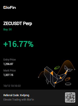 BloFin exchange listing for ZECUSDT Perp showing +16.77% gain with entry price 1,256.87, mark price 1,327.15, dated 10/12 10:10:22, with referral code Xvdymg.