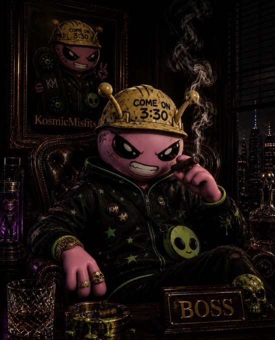 A pink cartoon character wearing a 'COME ON 3:30' hat and green star-patterned hoodie, sitting on a leather chair smoking a cigar with a 'BOSS' nameplate, in a dark luxurious setting with a 'KosmicMisfits' painting visible.