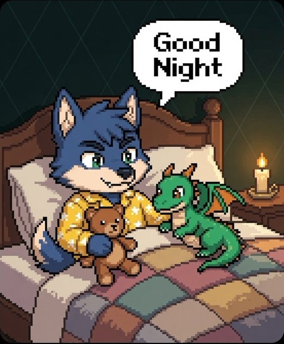 Pixel art illustration of a blue wolf/dog character in yellow pajamas holding a teddy bear while a small green dragon sits beside them on a bed, with a speech bubble saying 'Good Night'.