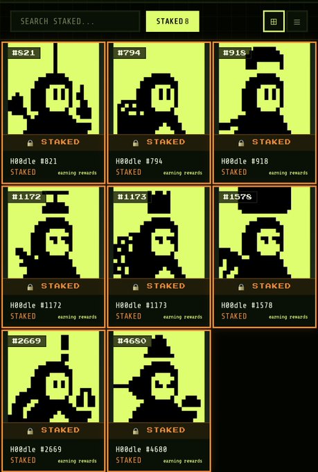 A digital collection interface titled "STAKED8" displaying eight pixel-art character hoodies numbered #821, #794, #918, #1172, #1173, #1578, #2669, and #4680, all marked as STAKED and earning rewards.