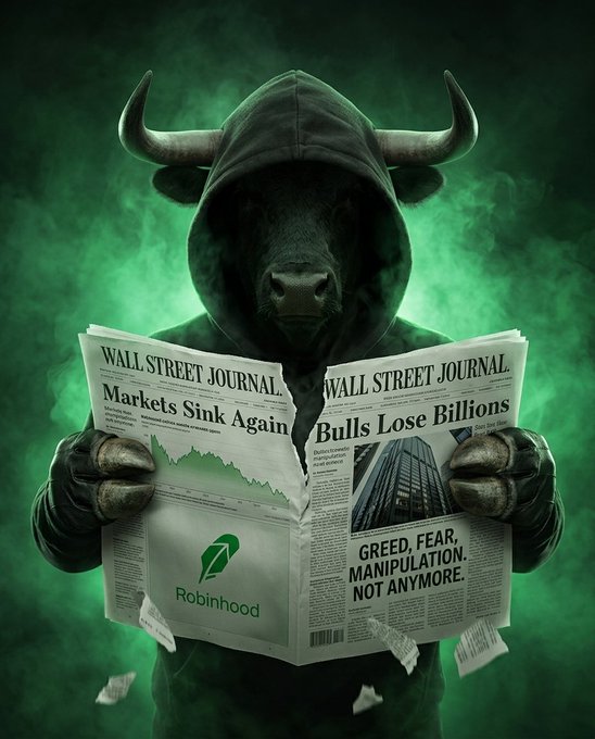 A bull in a hooded robe reads a Wall Street Journal with headlines "Markets Sink Again," "Bulls Lose Billions," and "GREED, FEAR, MANIPULATION. NOT ANYMORE," while torn pieces featuring the Robinhood logo fall from the pages.

The image of a bull reading bearish financial news alongside the Robinhood logo relates metaphorically to the $BHOODIES airdrop by symbolizing frustration with traditional market manipulation and positioning the token as a decentralized alternative within the Solana ecosystem.