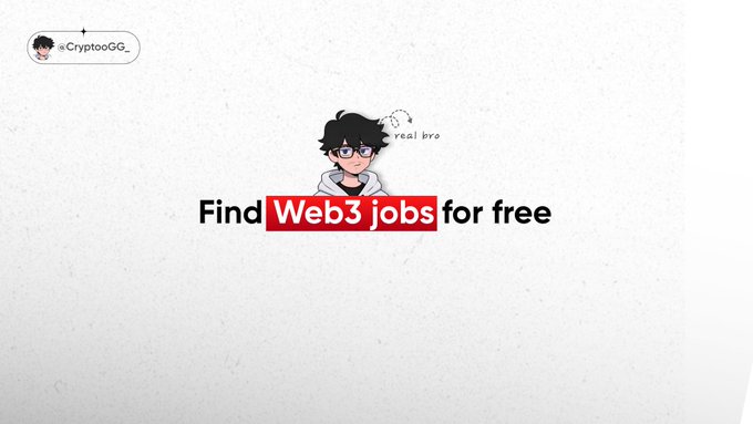 A cartoon avatar labeled "real bro" appears above bold text reading "Find Web3 jobs for free," promoting free resources for finding Web3/crypto job listings as described in the accompanying post about websites like web3.career and cryptocurrencyjobs.co.