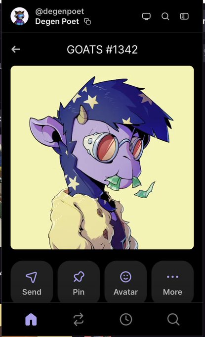 A screenshot of a social media or messaging app from user @degenpoet displaying an animated NFT artwork titled 'GOATS #1342' of a purple-skinned character with star hair and goggles, featuring Send, Pin, Avatar, and More buttons.