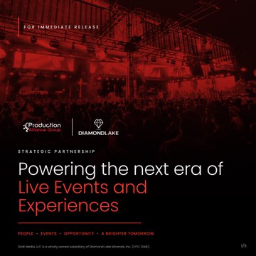 A press release slide titled 'FOR IMMEDIATE RELEASE' announcing a strategic partnership between 'Production' and 'Diamond Lake' with the headline 'Powering the next era of Live Events and Experiences,' showing a crowd at a concert bathed in red light.