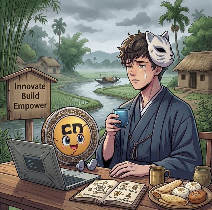 An anime-style illustration shows a tearful young man in traditional robes working on a laptop at a wooden table, accompanied by a cryptocurrency mascot wearing a fox mask, with a sign reading 'Innovate Build Empower' in a tropical village setting.