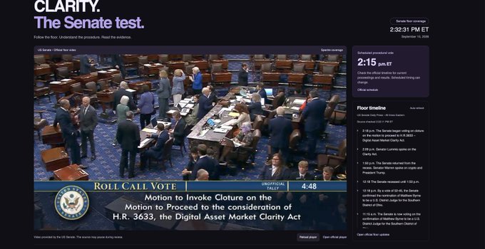 A webpage titled 'CLARITY. The Senate test.' shows a live feed of a 'ROLL CALL VOTE' on a 'Motion to Invoke Cloture on the Motion to Proceed to the consideration of H.R. 3693, the Digital Asset Market Clarity Act'.