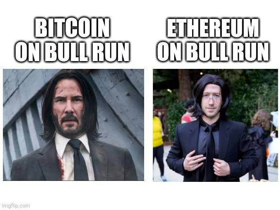 A two-panel meme comparing Bitcoin and Ethereum during a bull run, using two photos of Keanu Reeves—one looking battle-worn labeled 'BITCOIN ON BULL RUN' and the other looking sharp and confident labeled 'ETHEREUM ON BULL RUN'.