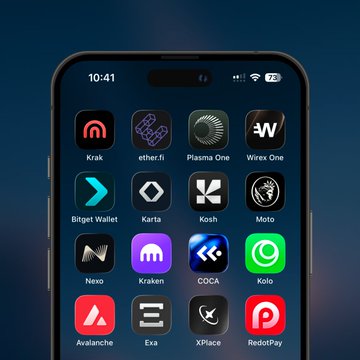 A smartphone displays a home screen featuring app icons for crypto and fintech platforms including Krak, ether.fi, Plasma One, Wirex One, Bitget Wallet, Karta, Kosh, Kolo, Nexo, Kraken, COCA, Avalanche, Exa, XPlace, and RedotPay. The image visually reinforces the post's message about essential features for a crypto neobank by showcasing a curated selection of apps that collectively offer multi-currency accounts, IBAN banking, crypto wallets, and instant payment services—key elements required for an everyday banking alternative.