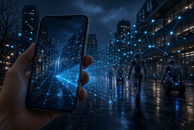 A futuristic scene depicting a hand holding a smartphone displaying a glowing blue network/data visualization, with humanoid robots walking in a dark city street in the background.