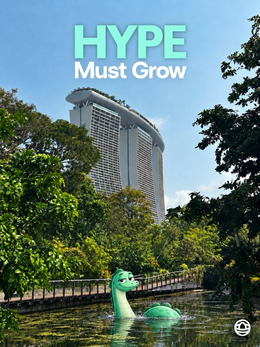 An advertisement with the text 'HYPE Must Grow' showing the Marina Bay Sands building in the background with a cartoon green snake-like creature in the water in the foreground.