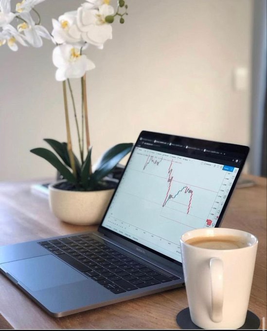 A workspace scene featuring a MacBook Pro displaying a stock chart, accompanied by a coffee mug and a white orchid plant on a wooden desk.