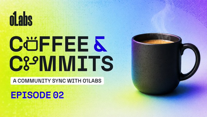 The image features a black coffee cup with a brown liquid inside placed on top of a table. The background of the image is a gradient of colors that blend together, creating an artistic effect. Below the cup, there's text that reads "Episode 02" in white letters and "Coffee & Commits: A community sync where the o1Labs crew gets together to talk about Mina Protocol, ecosystem projects, releases, experiments, and whatever else has been taking over our tabs lately." The image is related to the post because it showcases a coffee cup as part of an advertisement for Coffee & Commits.