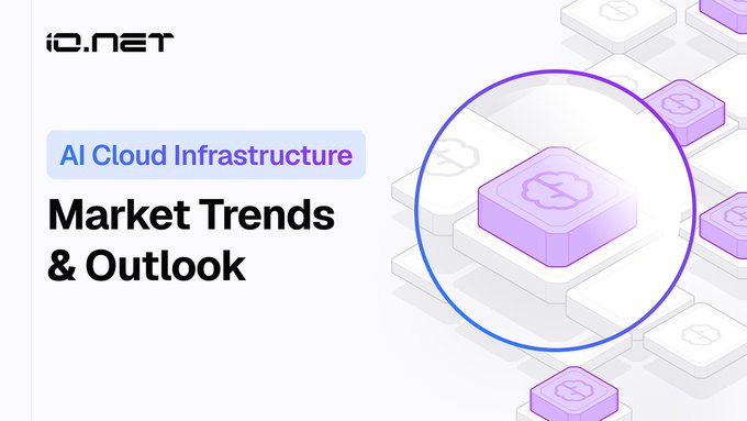The image is a promotional graphic for io.net featuring the io.net logo, the heading "AI Cloud Infrastructure Market Trends & Outlook," and an illustration of purple cloud/server tiles with a circular highlight, visually representing io.net's decentralized GPU cloud network that aggregates underutilized compute capacity to offer affordable, on-demand AI infrastructure at significant cost savings compared to centralized cloud providers.