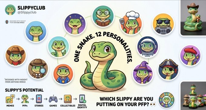 Marketing image for "SLIPPYCLUB" (@Slippyclub) showcasing "ONE SNAKE, 12 PERSONALITIES" and asking "WHICH SLIPPY ARE YOU PUTTING ON YOUR PFP?" with options like MEMES, PFPs, STORIES, GAMES, COLLECTIBLES, and DIGITAL IDENTITY.