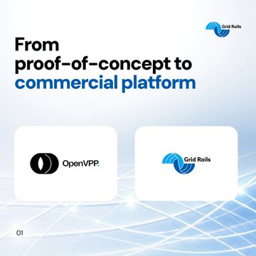 The image is a slide titled "From proof-of-concept to commercial platform," featuring the logos of OpenVPP and Grid Rails, visually representing the partnership between Grid Rails ($GR AI) and OpenVPP ($OVPP) to commercialize the internet of energy.