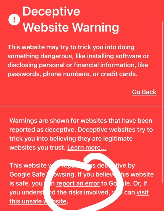 A red "Deceptive Website Warning" page from Google Safe Browsing is circled in white, indicating that the site has been flagged as deceptive. The image illustrates the post's claim that the legitimate wallet website zkxwallet.com has been incorrectly flagged by Google after mass false reports.