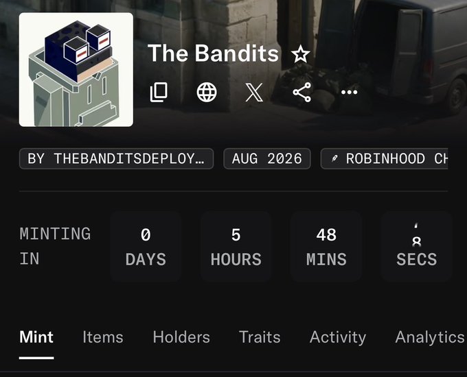 A countdown page for "The Bandits" NFT collection by thebanditsdeploy on Robinhood Chain, with minting starting in 0 days, 5 hours, 48 minutes, displayed over an image of a dumpster and trash bags.