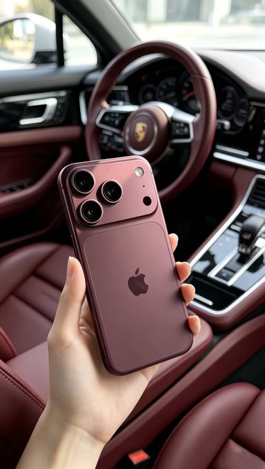 A hand displays a burgundy iPhone 18 Pro Max featuring a triple-camera system, held up against the backdrop of a Porsche interior with matching red leather seats and steering wheel, visually reinforcing the luxury tech giveaway prize mentioned in the post.