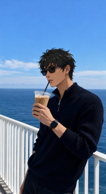 Anime-style illustration of a young man with messy black hair wearing sunglasses and a navy sweater, drinking an iced coffee on a balcony overlooking the ocean.