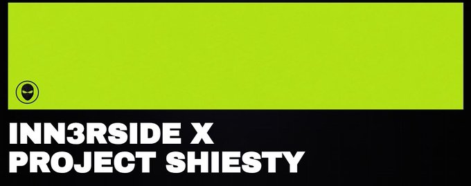 A graphic with a bright green-yellow top section containing a small face icon and a black bottom section displaying the white text 'INN3RSIDE X PROJECT SHIESTY'.