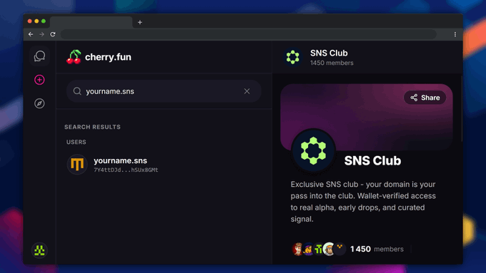 A browser interface for 'cherry.fun' displaying a search for 'yourname.sns' with results showing the 'SNS Club' featuring 1450 members and exclusive alpha benefits.