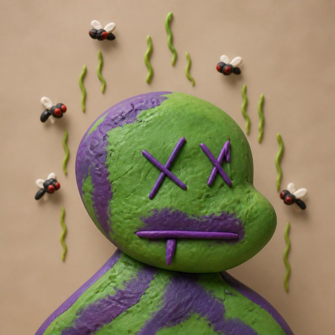 A claymation-style figure with green and purple coloring, X-shaped eyes, and a stitched mouth, surrounded by cartoon flies and green squiggly lines indicating a bad smell.