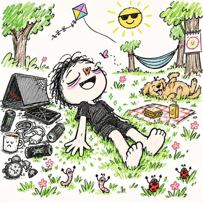 A colorful cartoon illustration of a person relaxing in a grassy field with a laptop, dog, picnic, kite, and ladybugs.