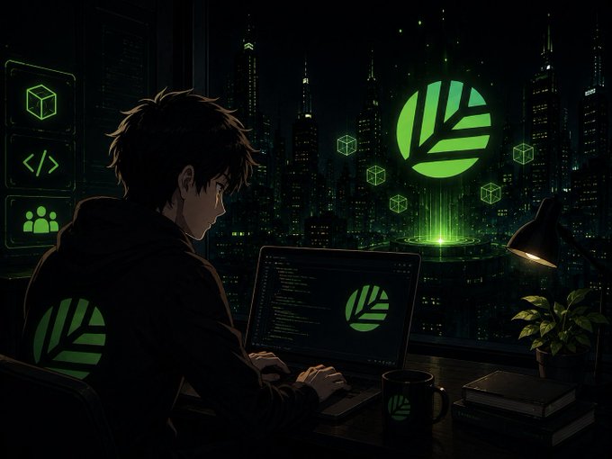 An anime-style digital illustration of a young person coding on a laptop in a dark room, with a futuristic green cityscape in the background and a green leaf logo displayed prominently, accompanied by floating green cubes and code-related icons.