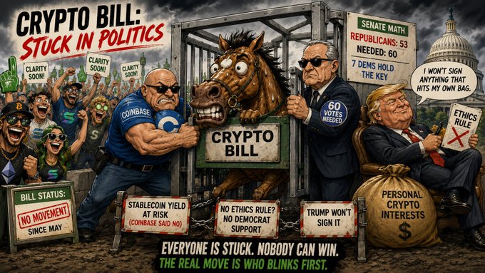 A political cartoon titled 'CRYPTO BILL: STUCK IN POLITICS' depicting figures like a Coinbase representative and Trump with text indicating 'Senate Math: Republicans 53, Needed: 60' and '60 Votes Needed,' emphasizing that 'Everyone is stuck. Nobody can win.'