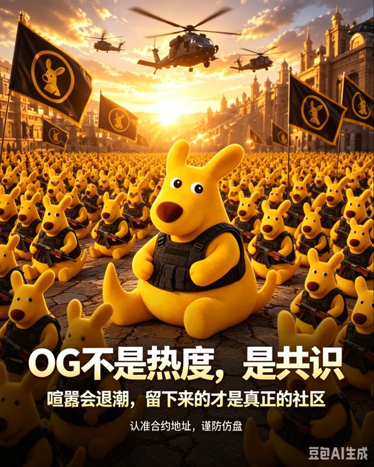 An AI-generated meme showing an army of yellow kangaroo-like creatures in tactical gear with helicopters and flags, with Chinese text translating to "OG is not hype, it is consensus" and "Beware of scams, verify contract addresses."