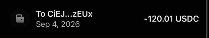 A digital transaction record showing 'To CiEJ...zEUx', 'Sep 4, 2026', and '-120.01 USDC' on a dark background.