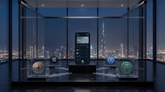 Futuristic display showcasing a smartphone with a cryptocurrency app on a central pedestal inside a glass enclosure, surrounded by floating coins including Ethereum (ETH), Solana (SOL), Tether (USDT), and another coin, set against a nighttime Dubai skyline featuring the Burj Khalifa.
