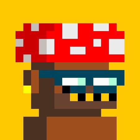 A pixel-art character portrait shows a dark-skinned figure wearing a red and white spotted mushroom cap and a teal visor.